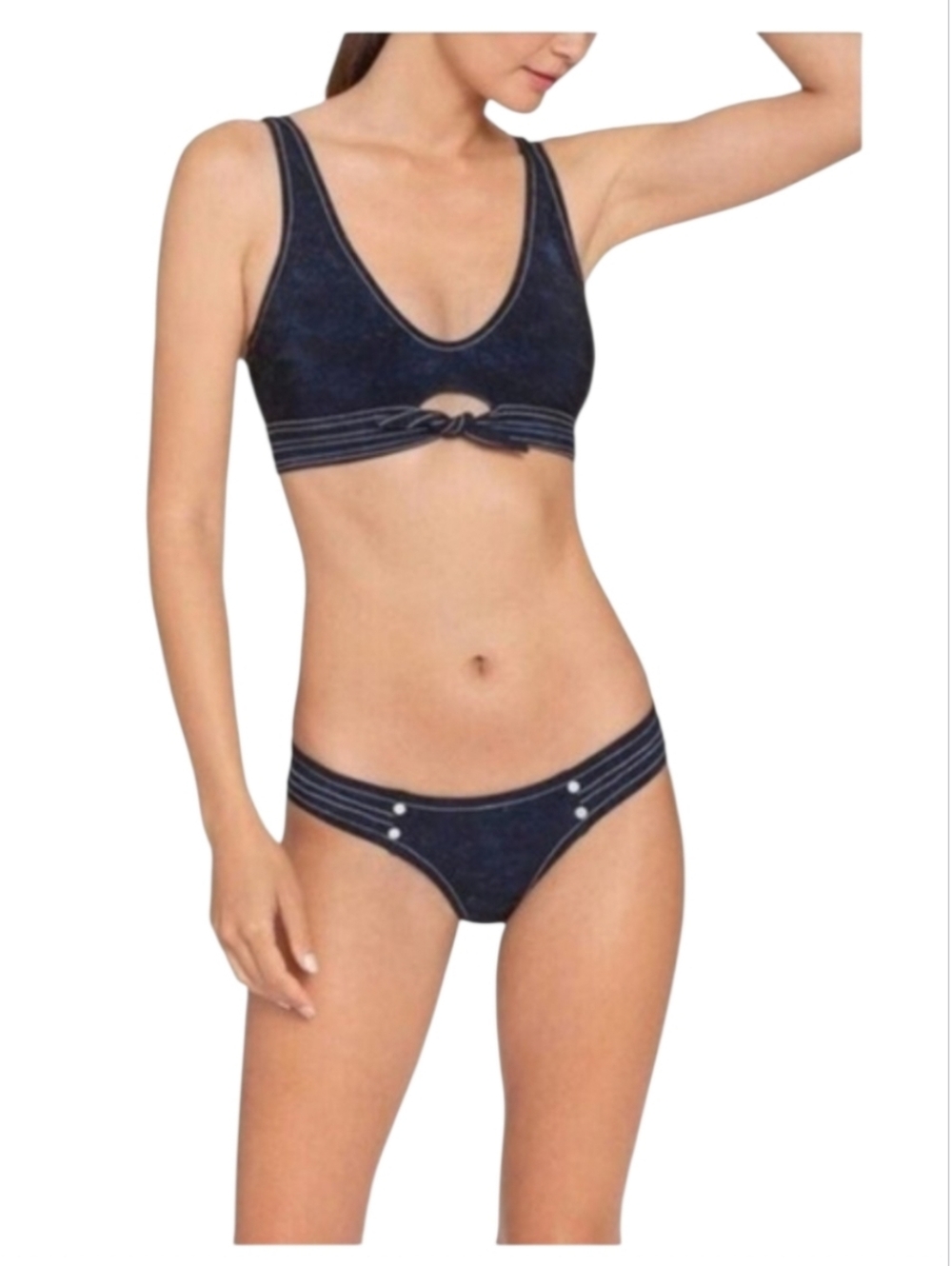 Robin Piccone Valeria Stitched Bikini Set XS NWT Indigo Navy Contrast Stitch